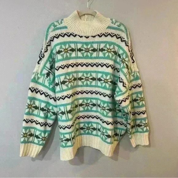 NWT American Eagle Oversized Fairisle Mock Neck Sweater Blue White Crewneck XL - Picture 3 of 6